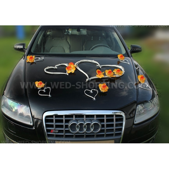 Valkoinen sydämet Häät auto koristelu oranssi orkideat