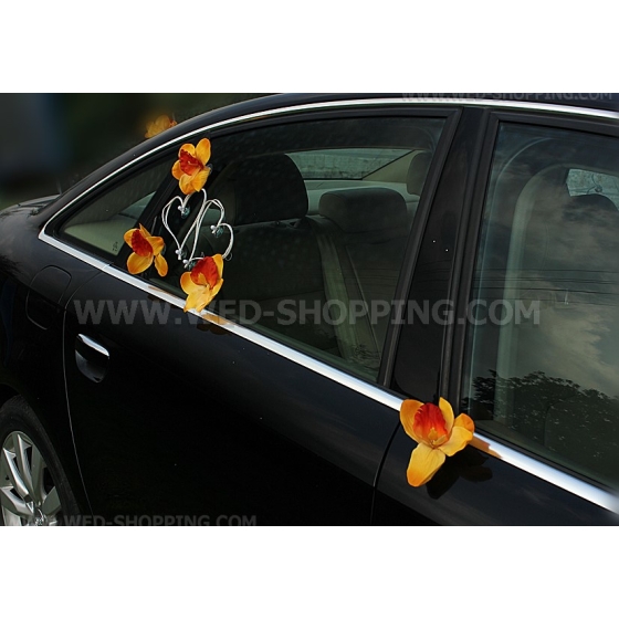 Valkoinen sydämet Häät auto koristelu oranssi orkideat