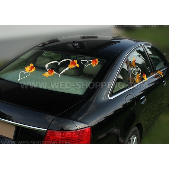 Valkoinen sydämet Häät auto koristelu oranssi orkideat