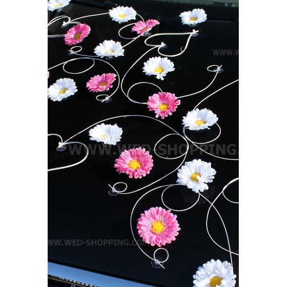 Vaaleanpunainen ja valkoinen gerbera kunniamerkki hääauto