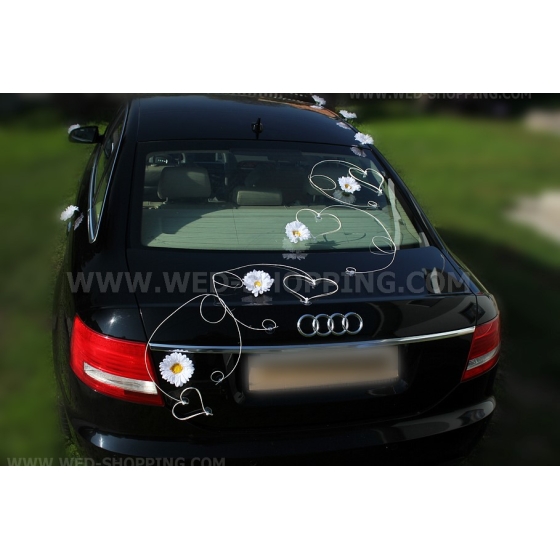 Vaaleanpunainen ja valkoinen gerbera kunniamerkki hääauto