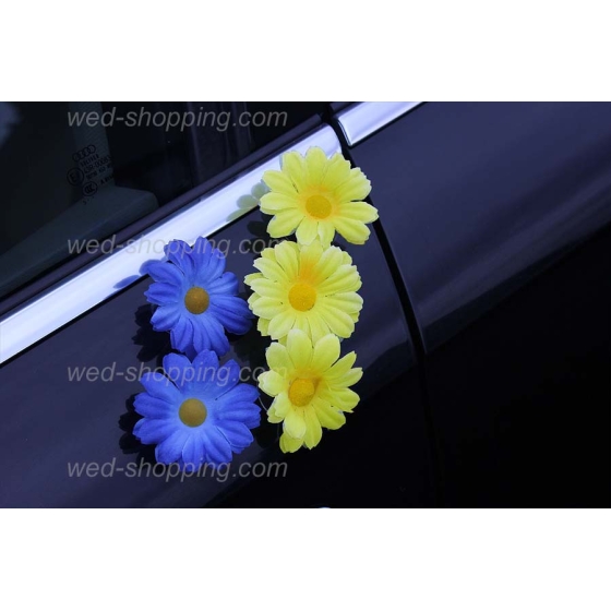 Kunniamerkki hääauto keltainen-sininen koiranputkea