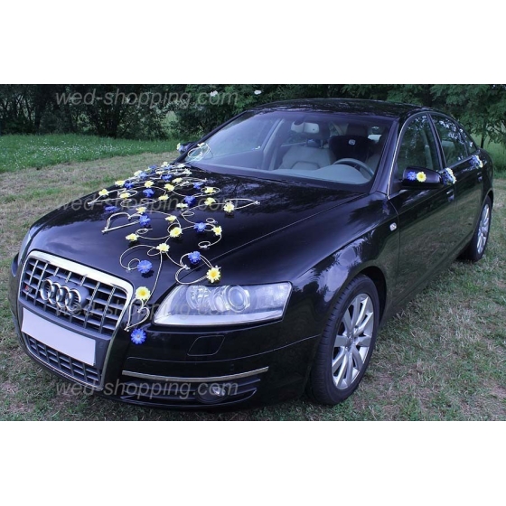 Kunniamerkki hääauto keltainen-sininen koiranputkea