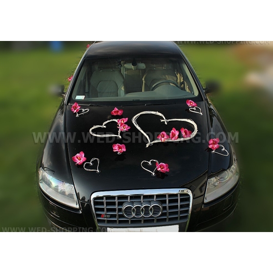 Kunniamerkki häät auto tumma pinkki orkideat ja sydän