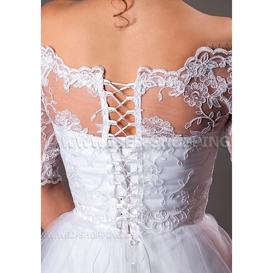 Off olkapää pitsi bolero takki puoli pitkät hihat kirjonta pitsi norsunluu takaisin kiinnitys - sidottu