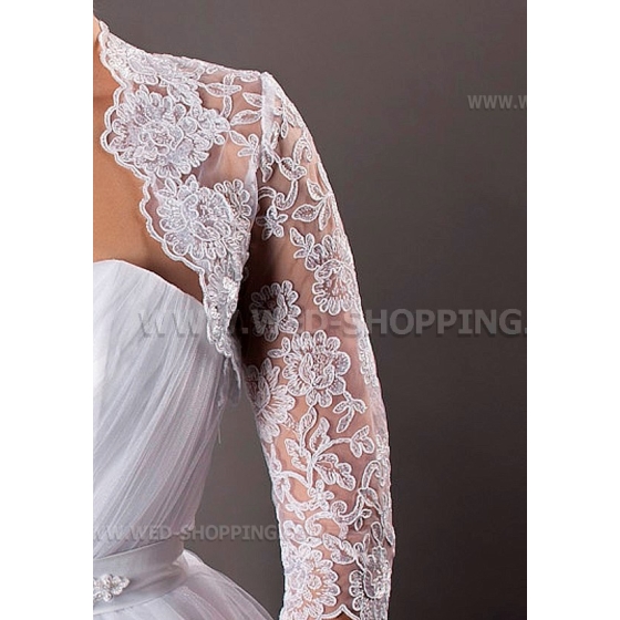 Pitsi bolero olankohautuksella takki kaksi kolmasosaa hihat kirjonta pitsi edessä auki