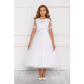 Robe de communion Tulle Satin et Dentelle manches courtes