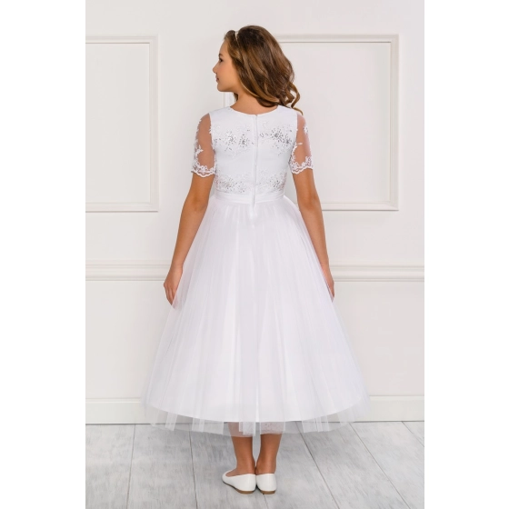 Robe de communion Tulle Satin et Dentelle manches courtes
